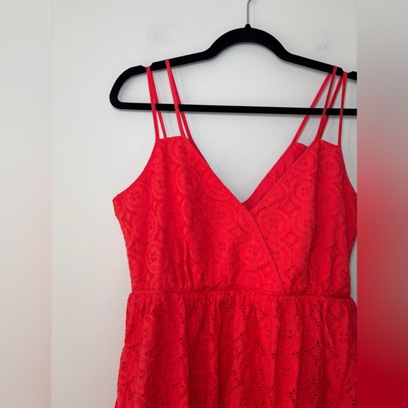 J Crew Coral Red Eyelet Double Strap 100% Cotton Midi Dress Size 10‎ - Picture 3 of 8